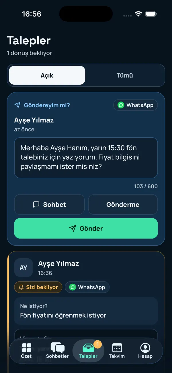 Mobiele app van Agenta (Turkse interface), verzoekenscherm: een kant-en-klaar opvolgbericht wacht op je akkoord