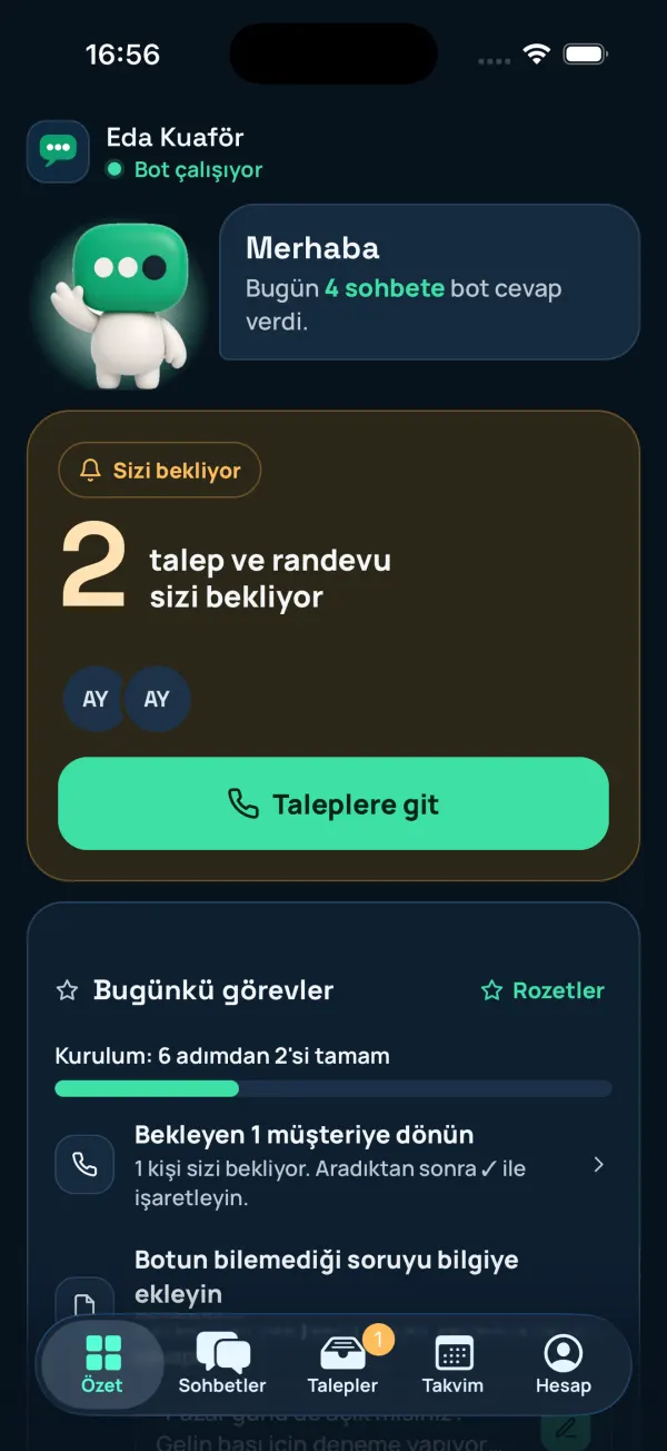 Mobiele app van Agenta (Turkse interface), overzichtsscherm: verzoeken die op je wachten en de taken van vandaag