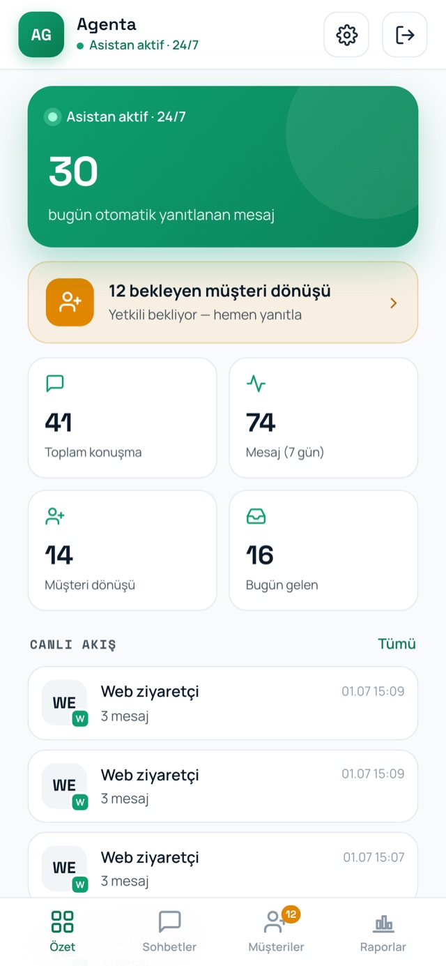 Agenta mobil — günlük özet paneli